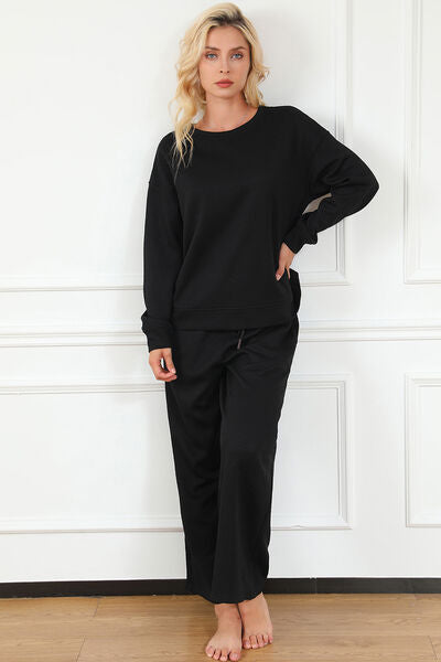 Double Take, Textured Long Sleeve Top and Drawstring Pants Set In Black