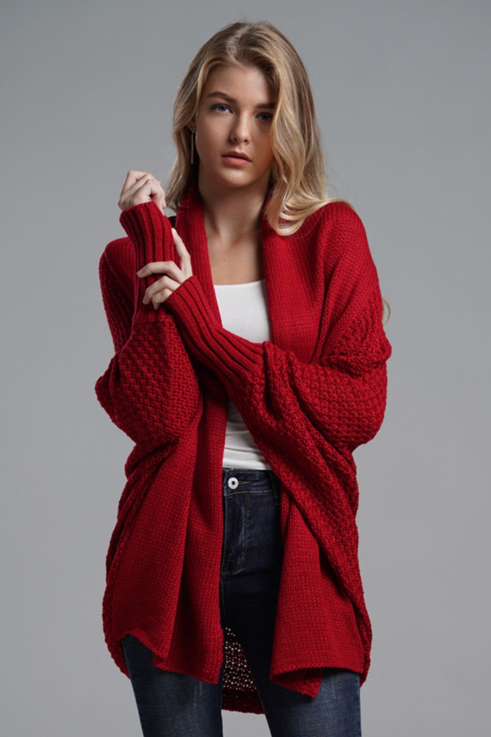 Dolman Sleeve Open Front Ribbed Trim Longline Cardigan In Wine