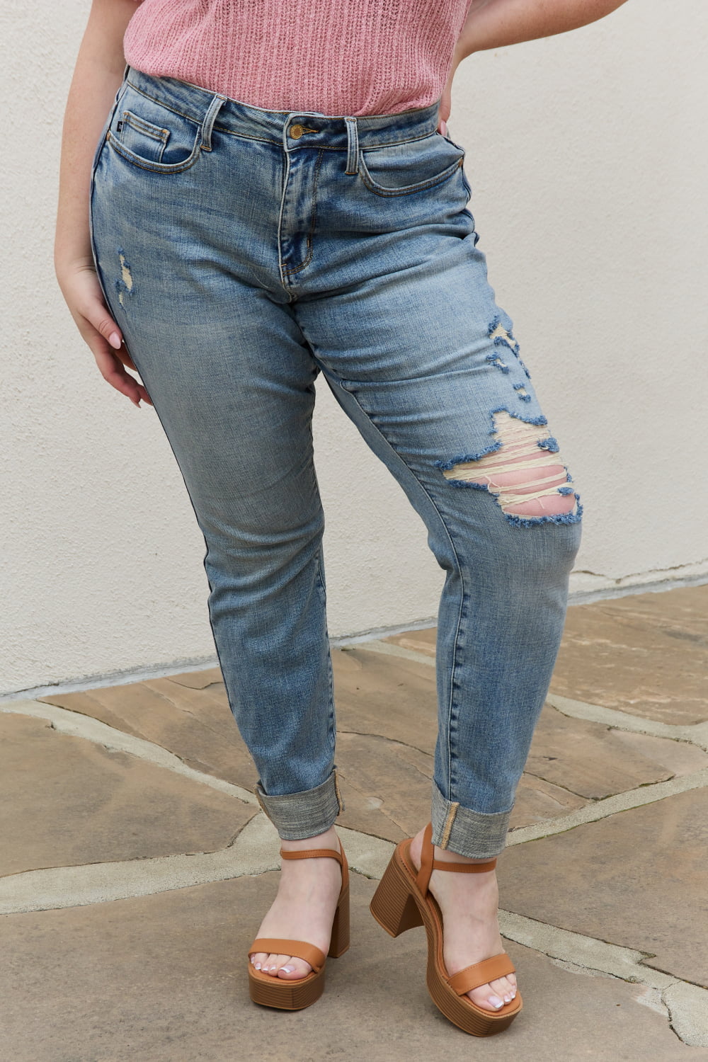 Plus Size, Judy Blue, Mid-Rise Boyfriend Fit with Destroyed Knee, Cuffed Jeans Style 88605