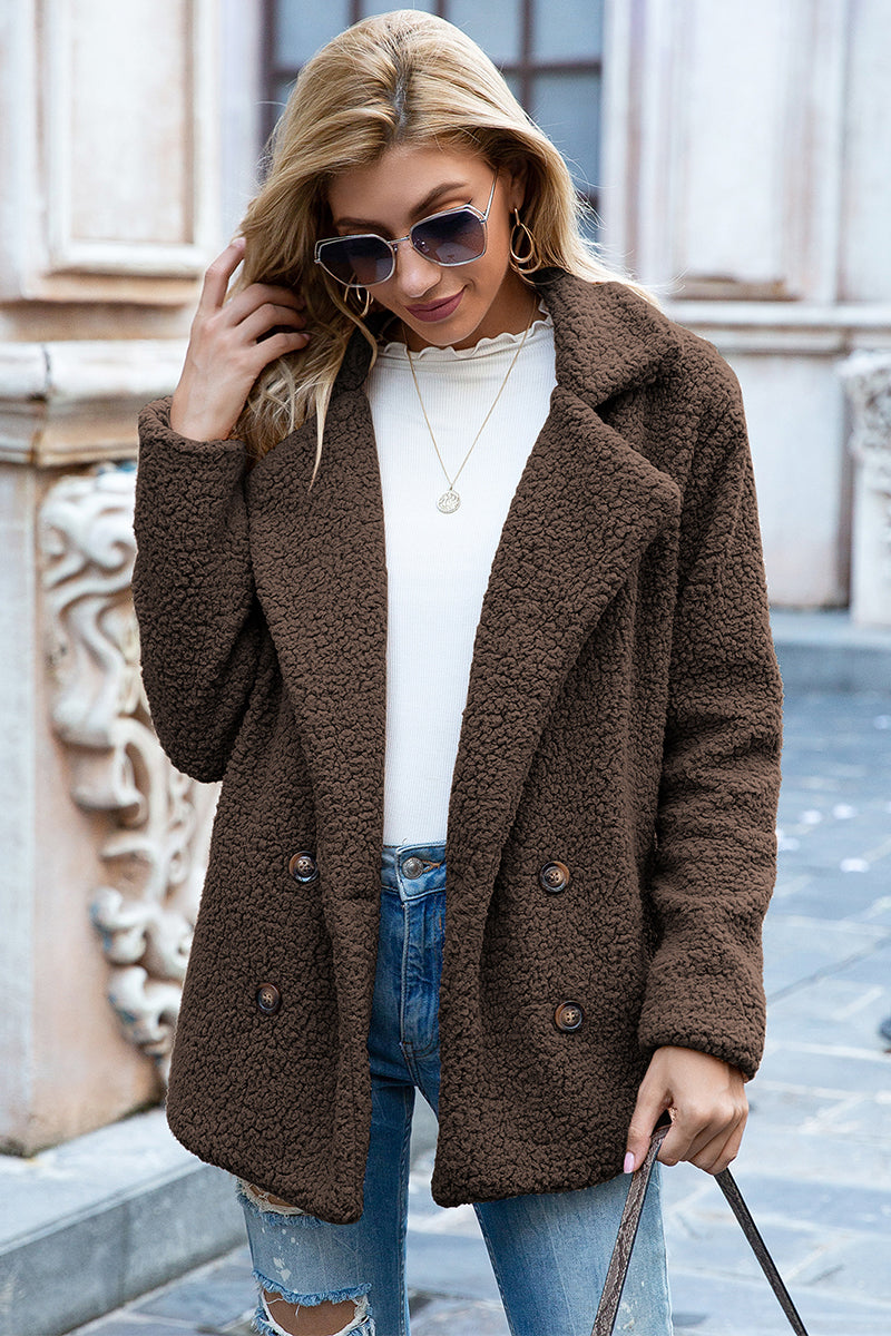 Lapel Collar Sherpa Coat In Coffee Brown