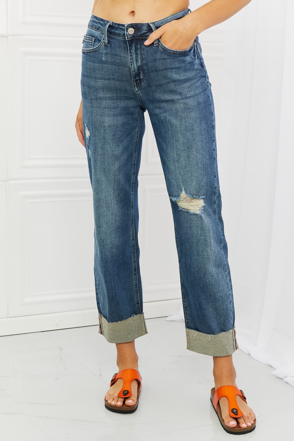 Judy Blue, Mid-Rise Destroyed Single Cuff Dad Straight Leg Pants