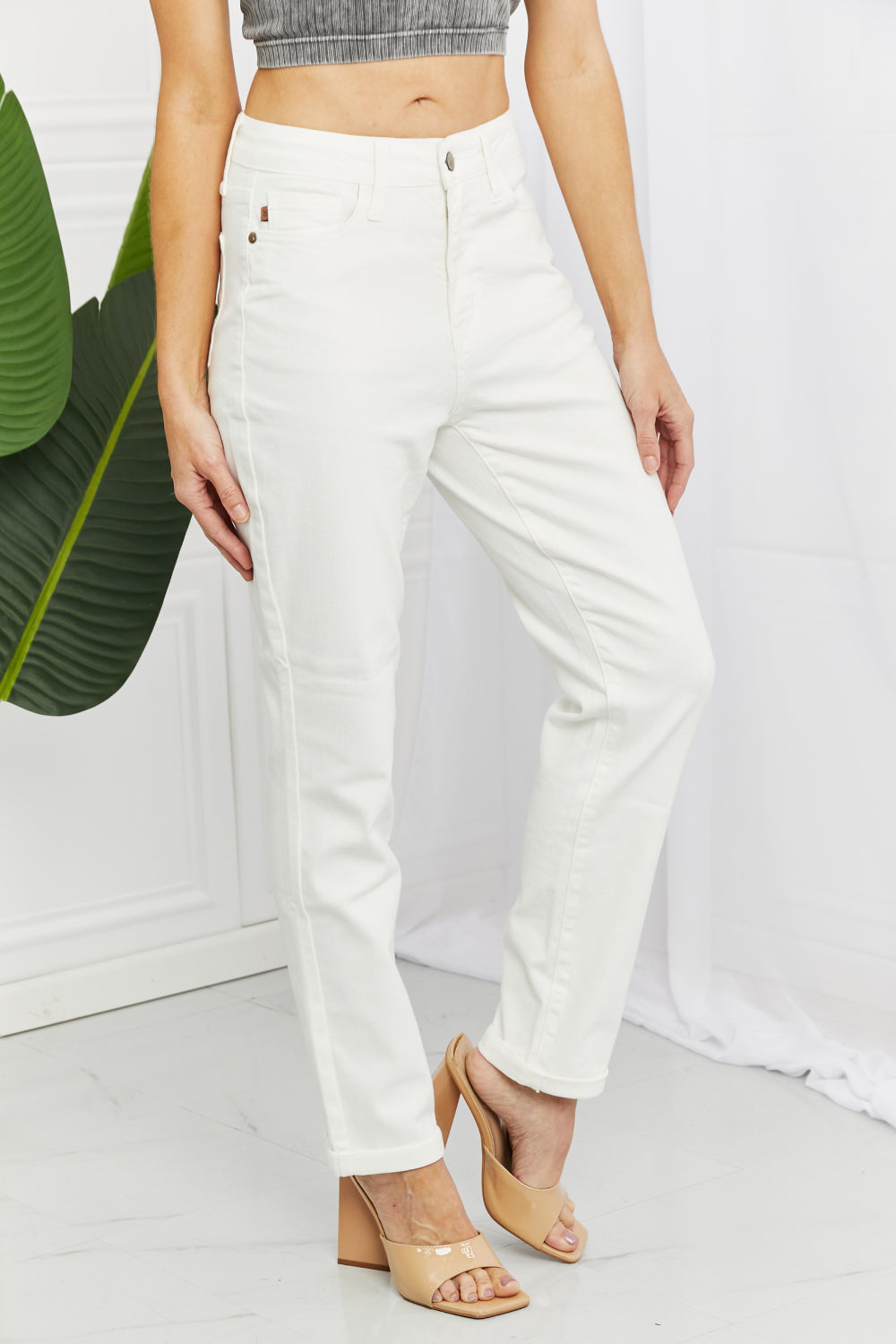Judy Blue Hi-Waist White Double Cuff Boyfriend Jeans