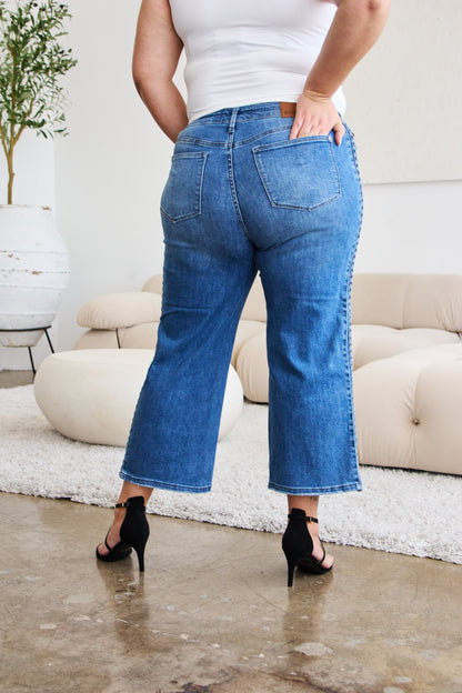 Back View, Plus Size, Judy Blue, Braid Side Detailed Wide Leg Jeans Style 88850