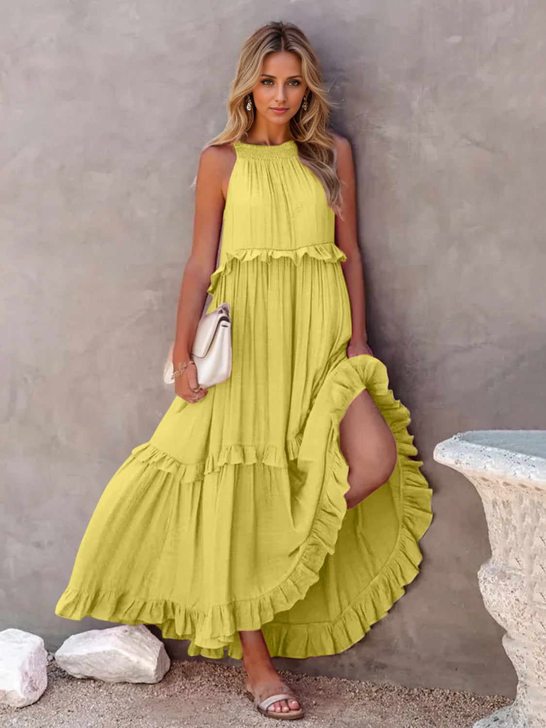 Ruffled Sleeveless Tiered Maxi Dress with Pockets In Chartreuse