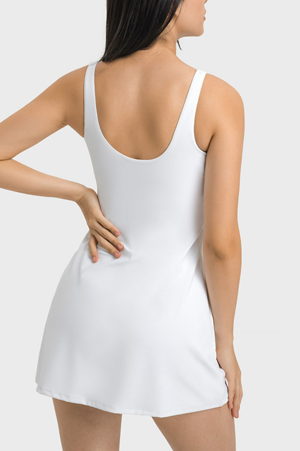 Back View, Square Neck Sports Tank Dress with Full Coverage Bottoms In White