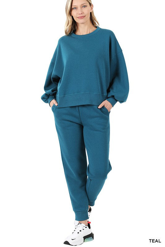 Zenana Balloon Sleeve Sweatshirt & Sweatpants Set