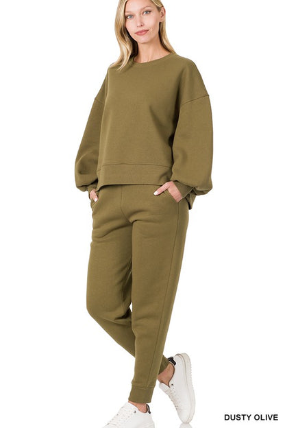 Zenana Balloon Sleeve Sweatshirt & Sweatpants Set