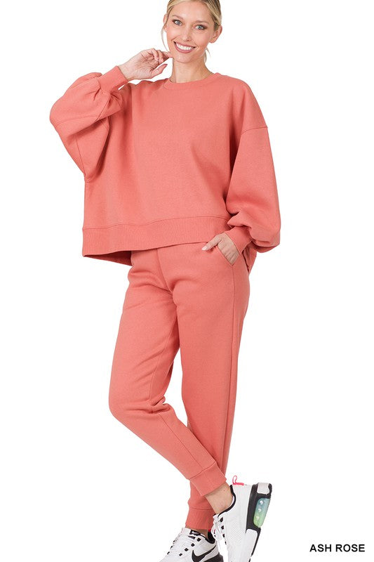 Zenana Balloon Sleeve Sweatshirt & Sweatpants Set