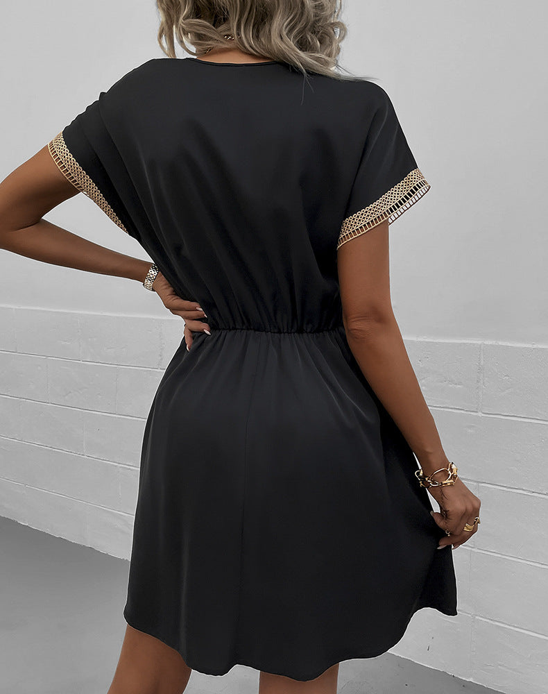 Back View, Contrast V-Neck Tassel Tie Dress In Black