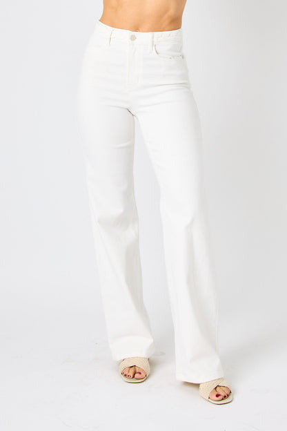 FBA Judy Blue Women's High-Rise Braided Waistband White Wide Leg Jeans 88781