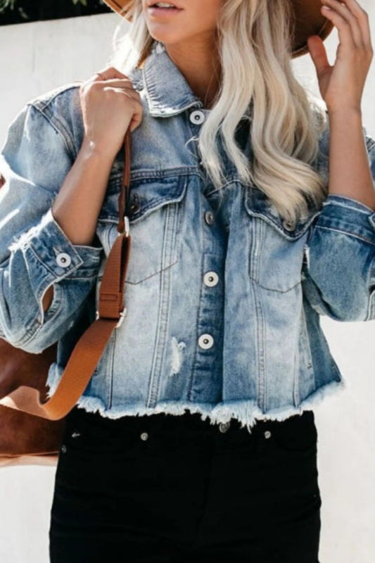 Distressed Raw Hem Denim Jacket