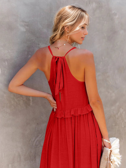 Back View, Ruffled Sleeveless Tiered Maxi Dress with Pockets In Red