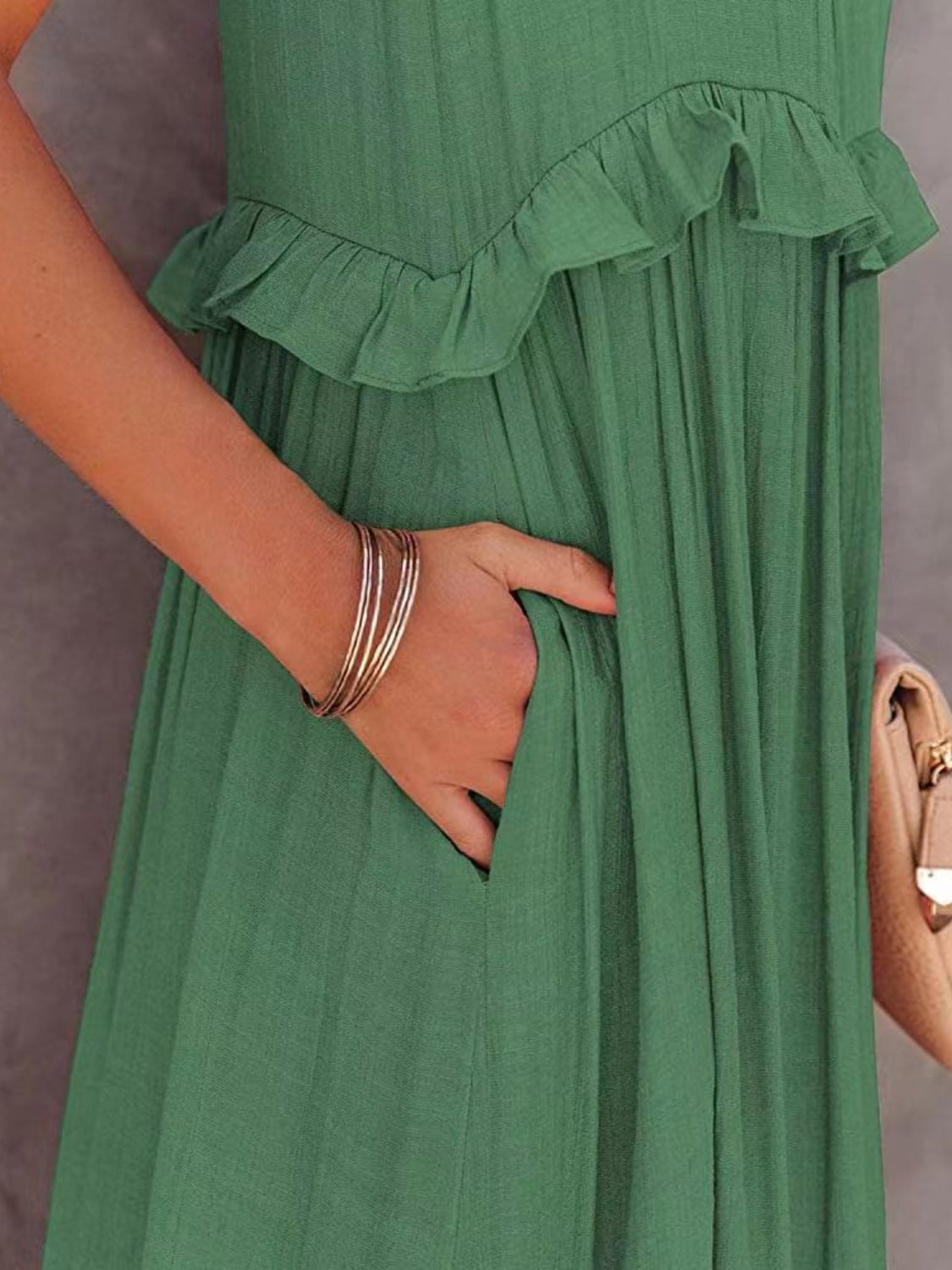 Close-Up, Ruffled Sleeveless Tiered Maxi Dress with Pockets In Green