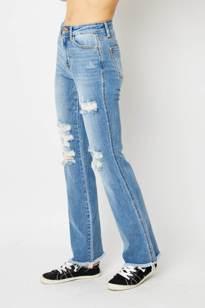 Side View, Judy Blue, High Waist Frayed Hem Bootcut Jeans Style 82542