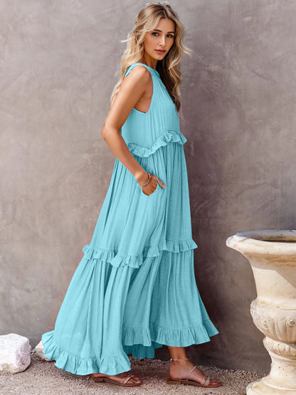 Side View, Ruffled Sleeveless Tiered Maxi Dress with Pockets In Sky Blue