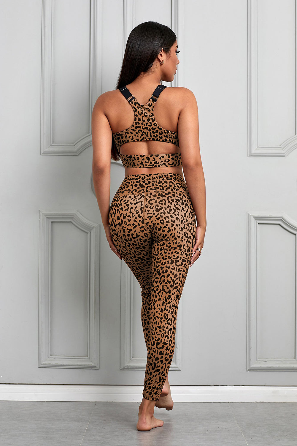Back View, Leopard Printed Sports Bra and Leggings Set