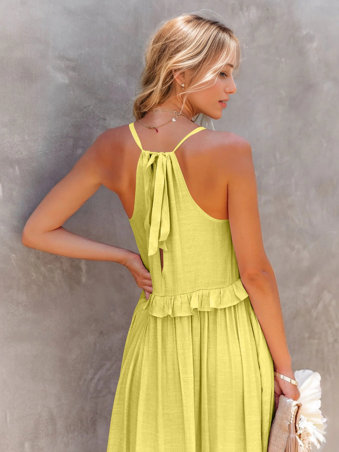Back View, Ruffled Sleeveless Tiered Maxi Dress with Pockets In Chartreuse