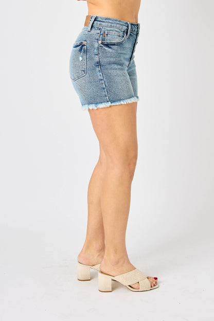 Side View, Judy Blue, High-Waist Faded Blue Cut-Off Jeans Shorts Style 150206