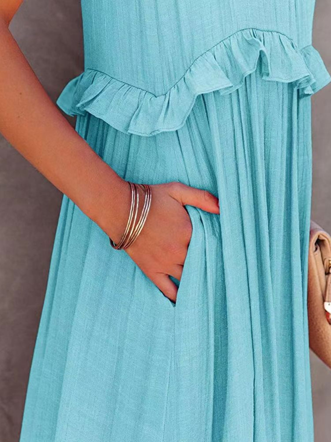 Close-Up, Ruffled Sleeveless Tiered Maxi Dress with Pockets In Sky Blue