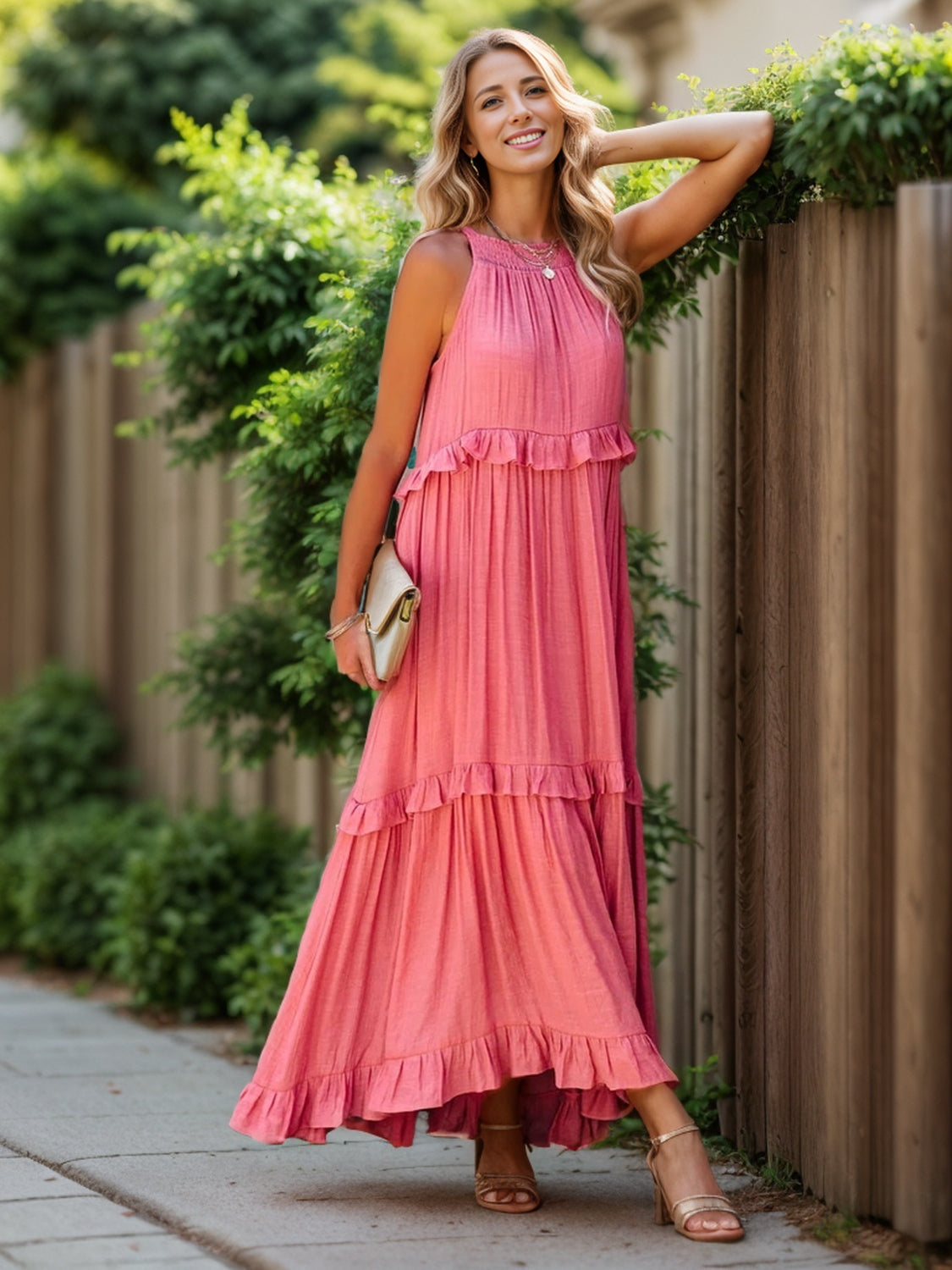 Ruffled Sleeveless Tiered Maxi Dress with Pockets In Burnt Coral