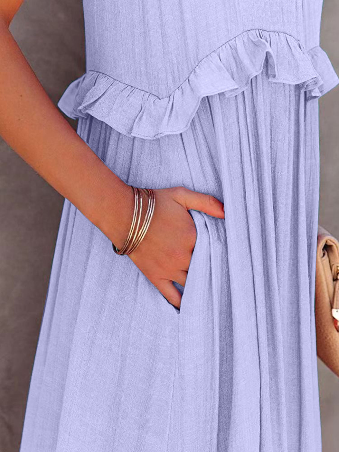 Close-Up, Ruffled Sleeveless Tiered Maxi Dress with Pockets In Lilac