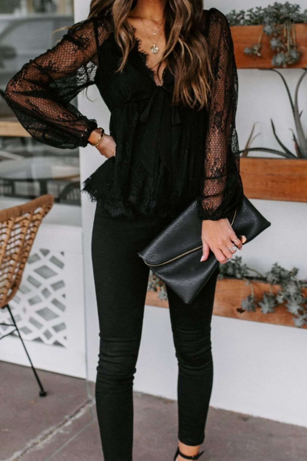 Lace Detail Plunge Long Sleeve Blouse In Black