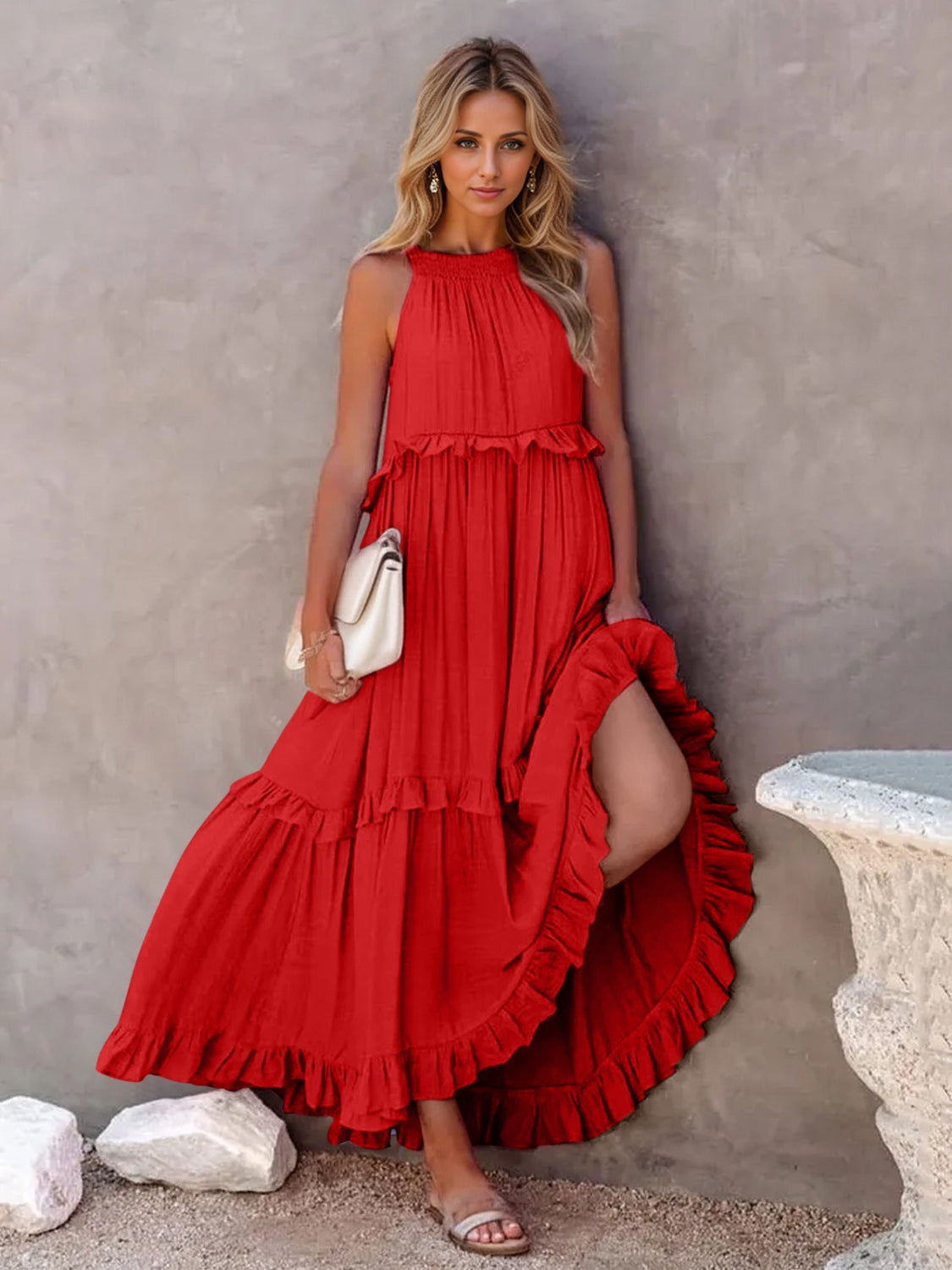Ruffled Sleeveless Tiered Maxi Dress with Pockets In Red