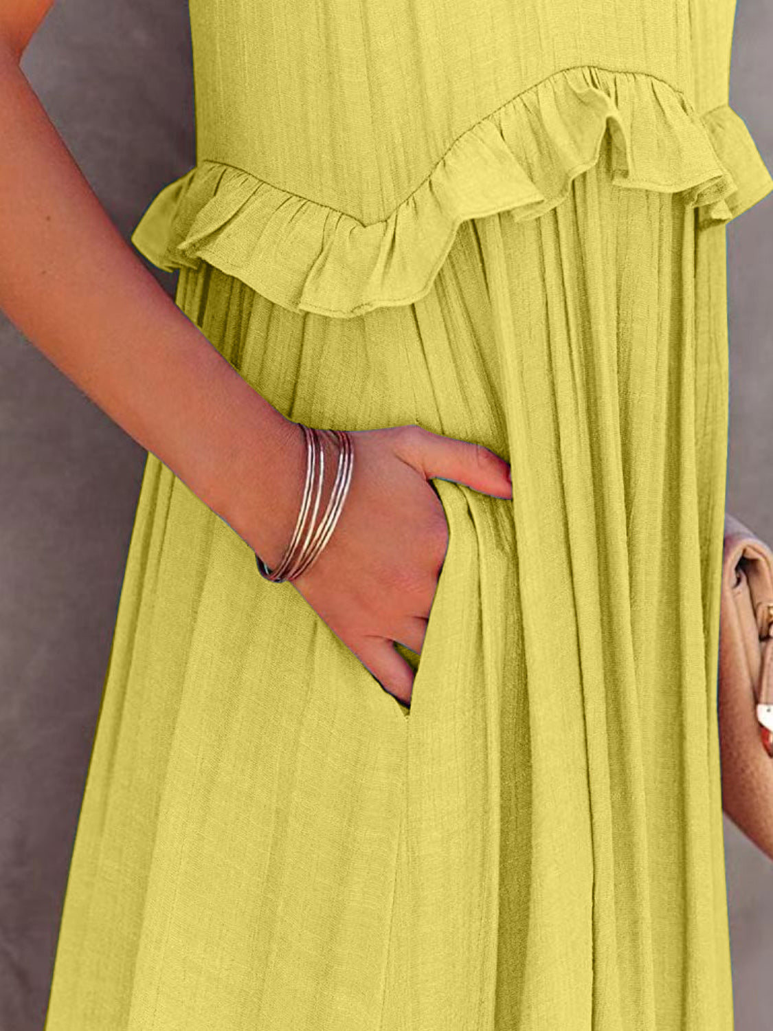 Close-Up, Ruffled Sleeveless Tiered Maxi Dress with Pockets In Chartreuse