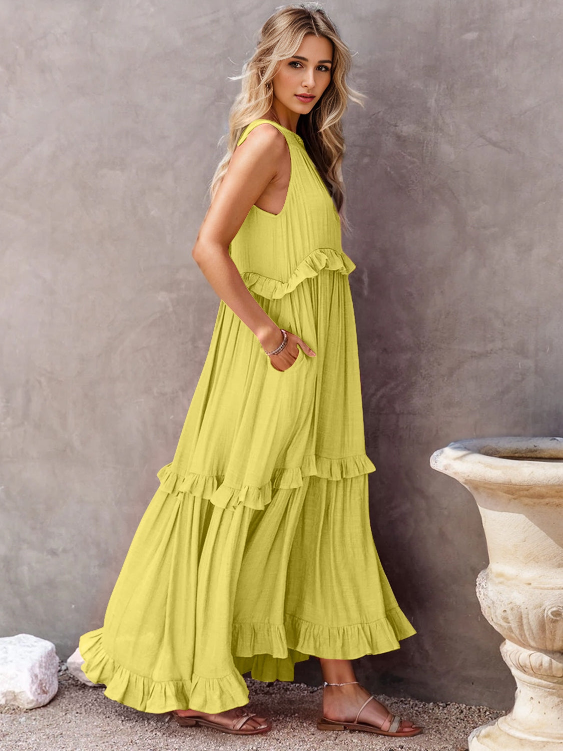 Side View, Ruffled Sleeveless Tiered Maxi Dress with Pockets In Chartreuse