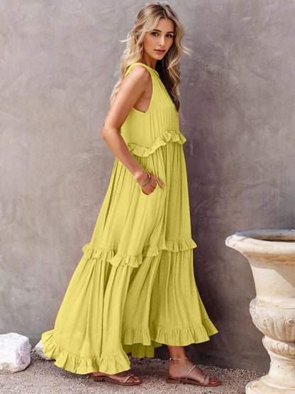 Side View, Ruffled Sleeveless Tiered Maxi Dress with Pockets In Chartreuse