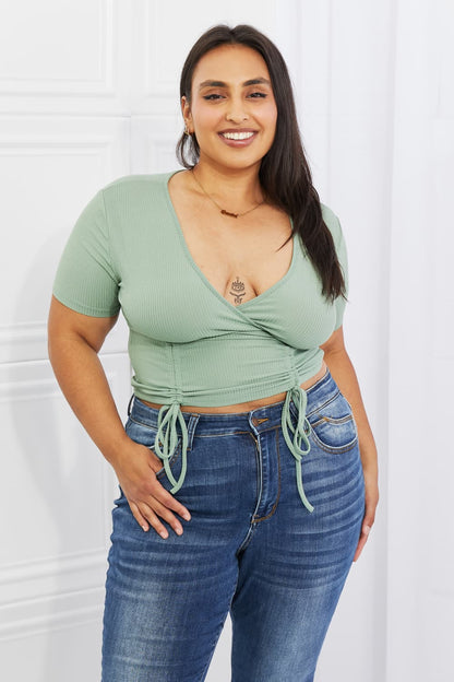 Capella, Back To Simple Full Size Ribbed Front Scrunched Top in Green