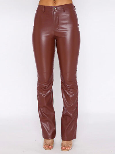 PU Leather High Waist Straight Pants In Chestnut