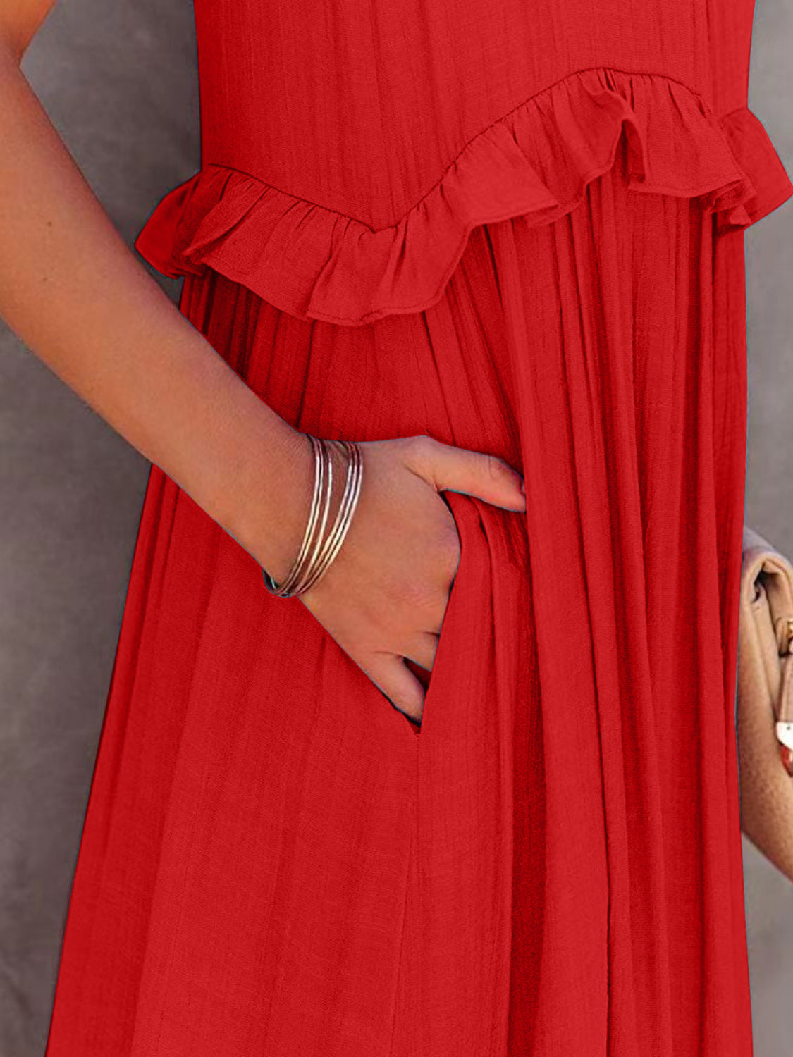 Close-Up, Ruffled Sleeveless Tiered Maxi Dress with Pockets In Red