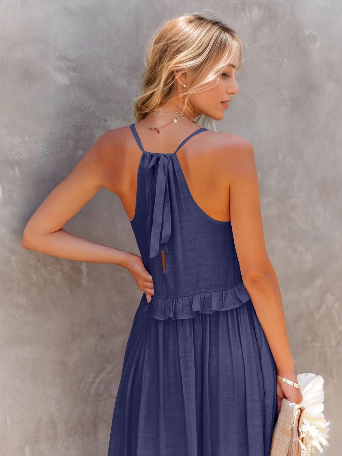 Back View, Ruffled Sleeveless Tiered Maxi Dress with Pockets In Navy