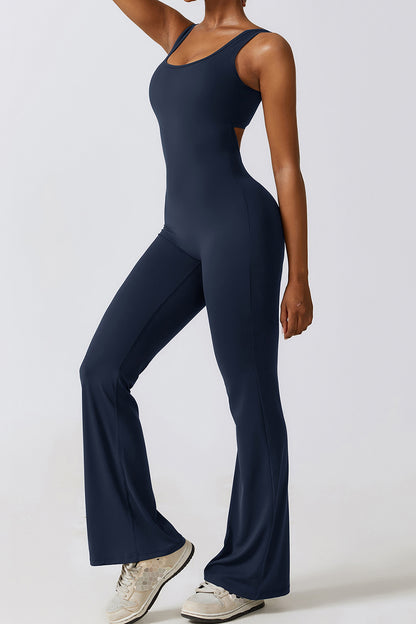 Basic Bae, Cutout Ruched Bootcut Sleeveless Active Jumpsuit