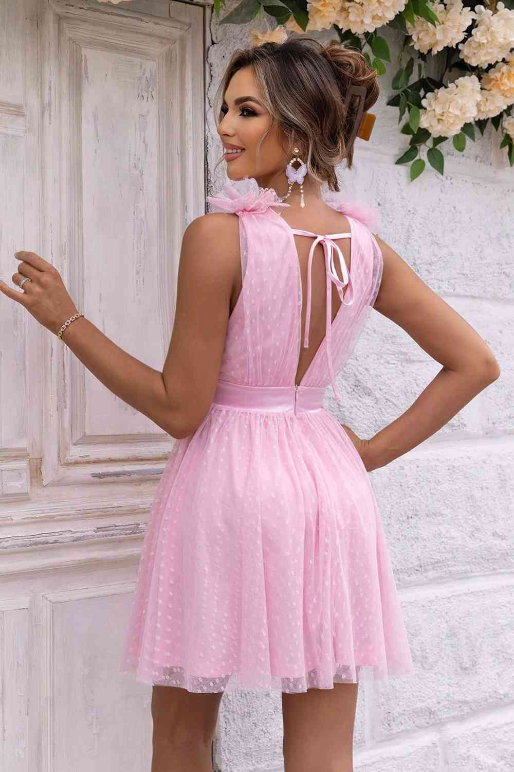 Back View, Open Back Sleeveless Black Mesh Dress In Carnation Pink
