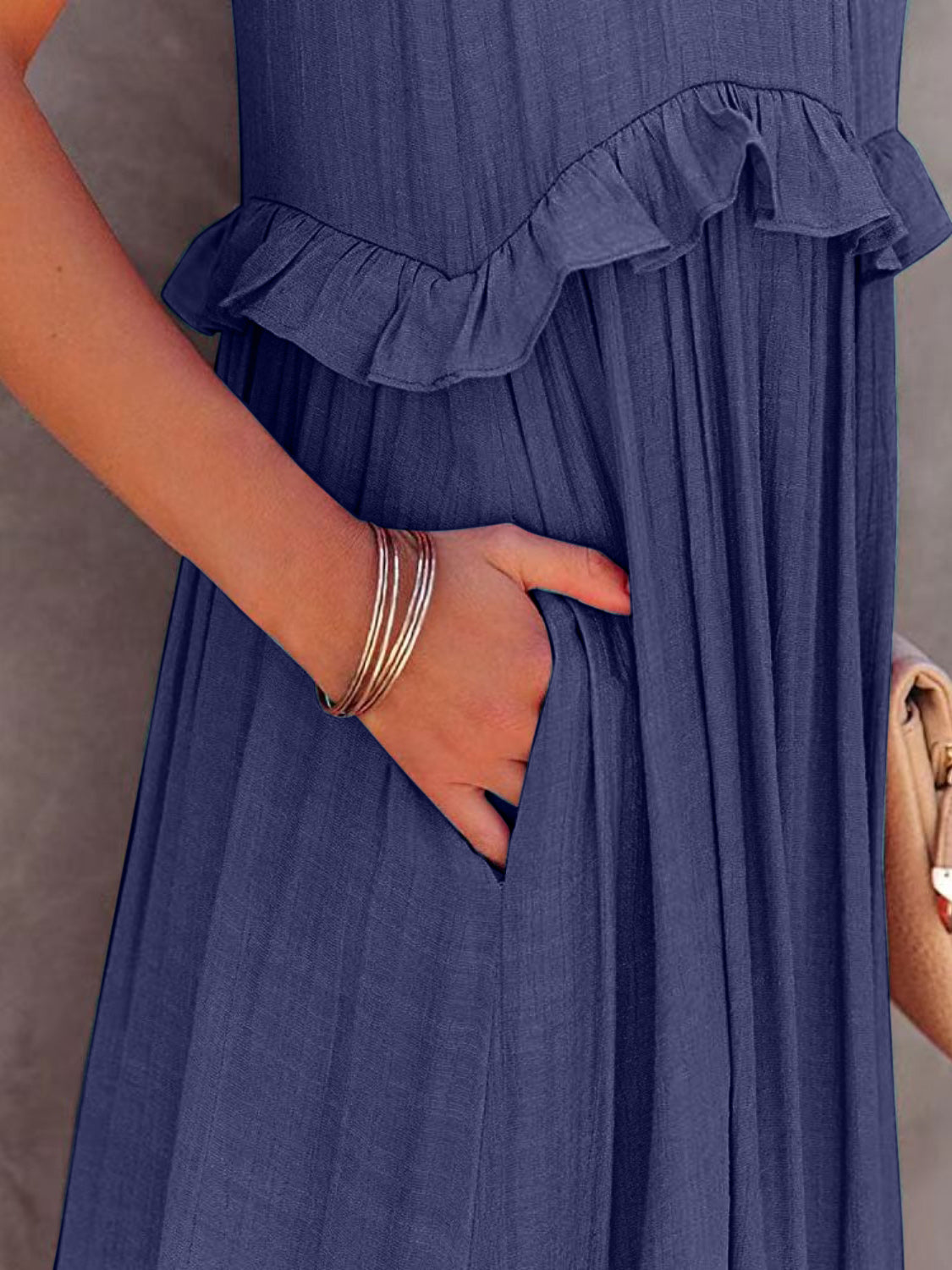 Close-Up, Ruffled Sleeveless Tiered Maxi Dress with Pockets In Navy