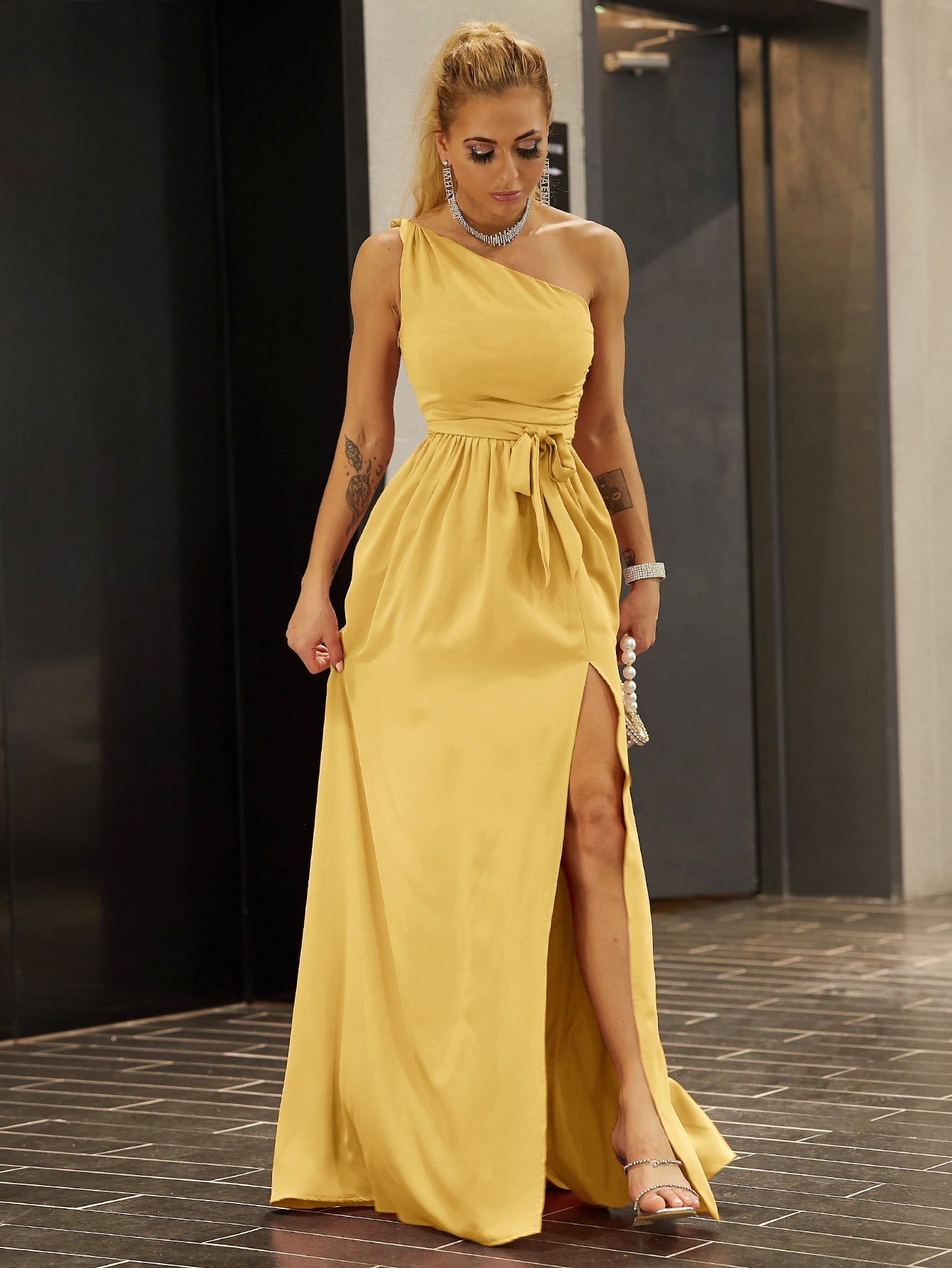 One-Shoulder Belted Front Split Dress In Yellow
