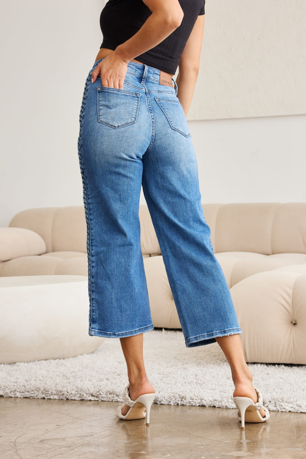 Back View, Judy Blue, Braid Side Detailed Wide Leg Jeans Style 88850