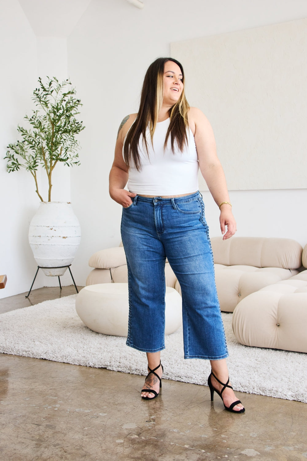 Plus Size, Judy Blue, Braid Side Detailed Wide Leg Jeans Style 88850