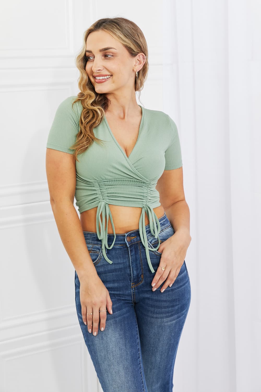 Capella, Back To Simple Ribbed Front Scrunched Top in Green