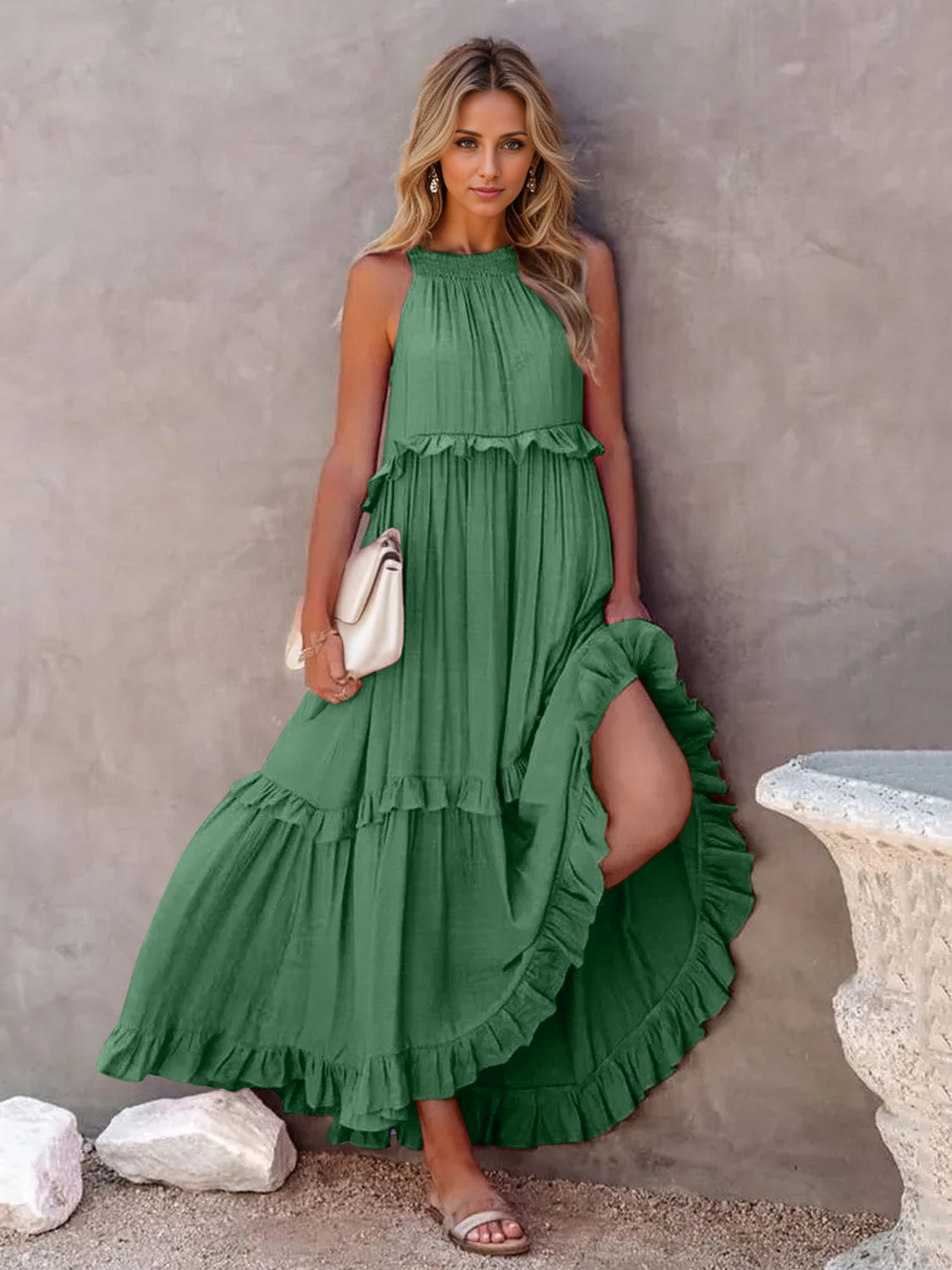 Ruffled Sleeveless Tiered Maxi Dress with Pockets In Green