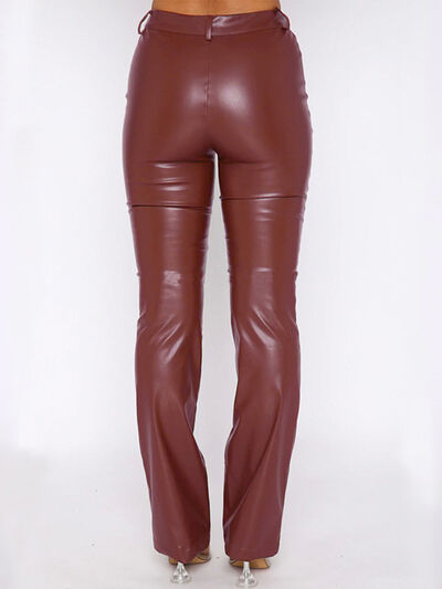 Back View, PU Leather High Waist Straight Pants In Chestnut