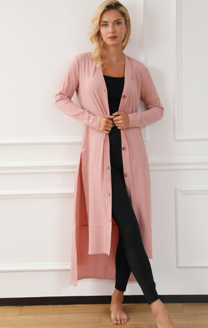 Button Up High-Low Long Sleeve Slit Cardigan In Blush Pink