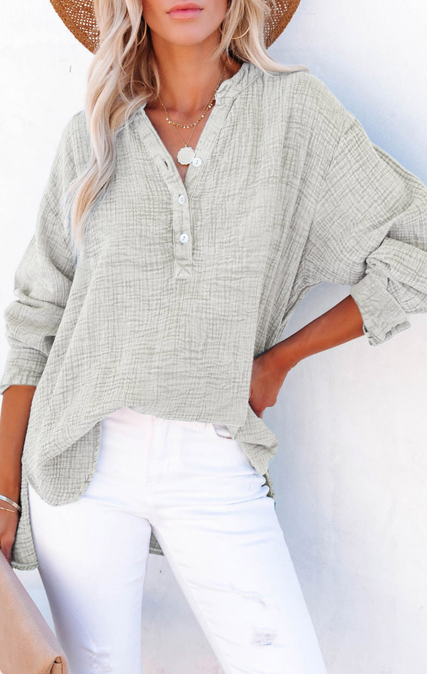 Buttoned Long Sleeve Blouse In Gray