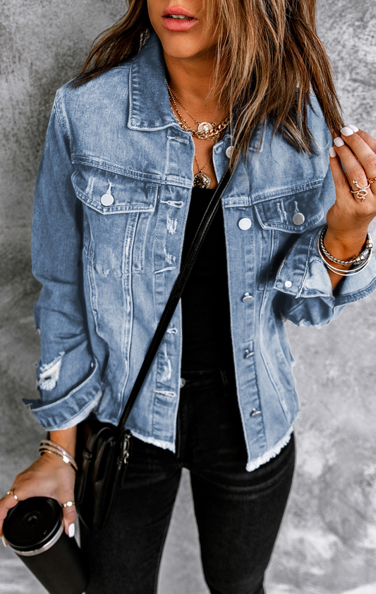 Distressed Raw Hem Denim Jacket