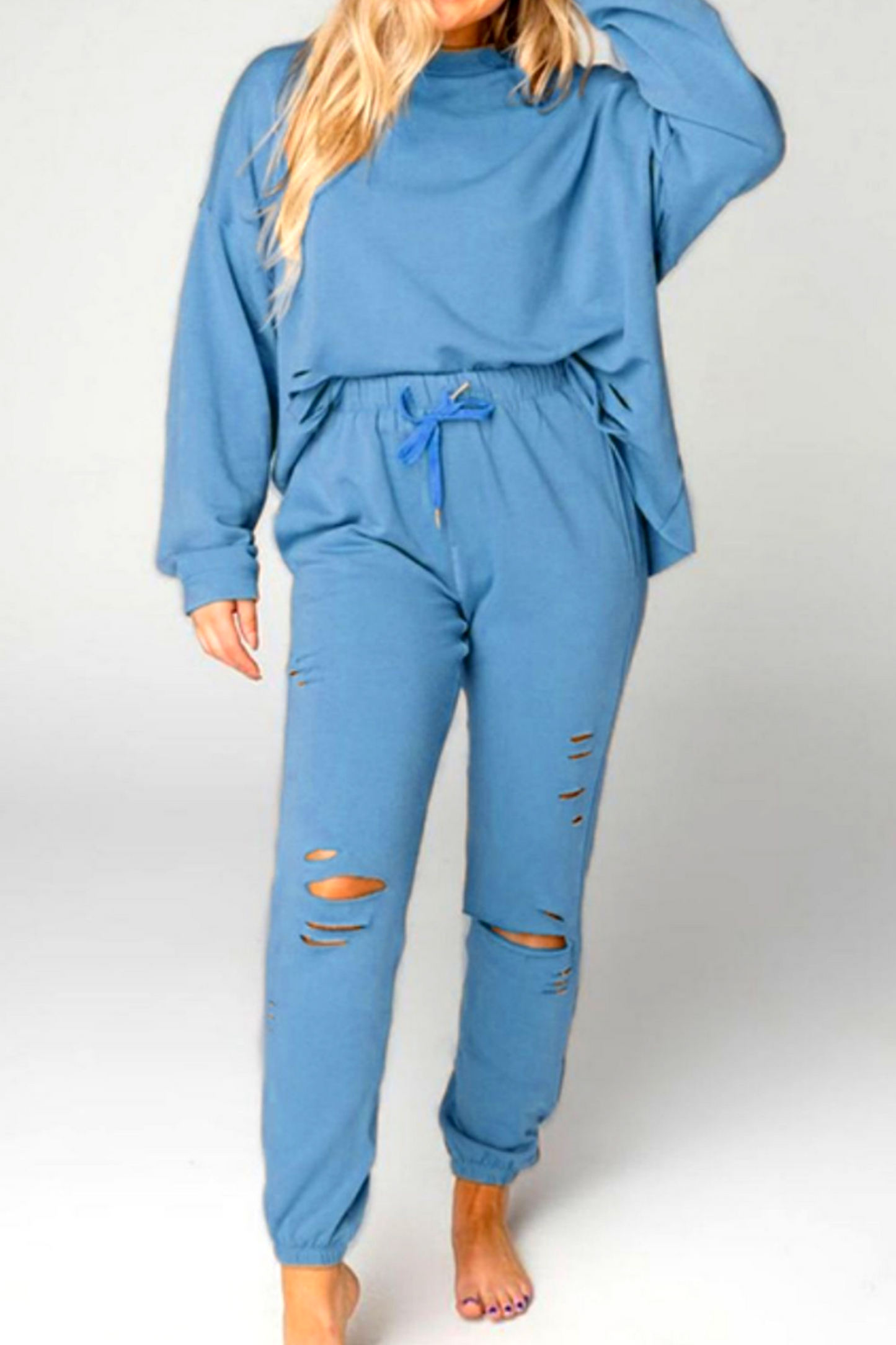 Distressed Sweatshirt and Joggers Set In Misty Blue