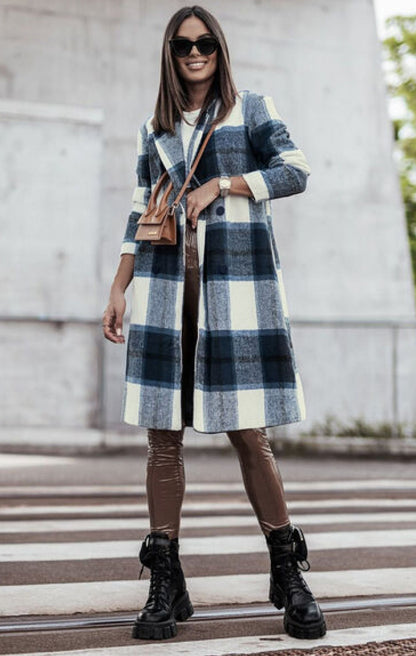 Double Take, Plaid Button Up Lapel Collar Coat In Peacock Blue