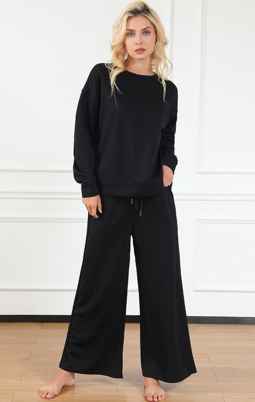 Double Take, Textured Long Sleeve Top and Drawstring Pants Set