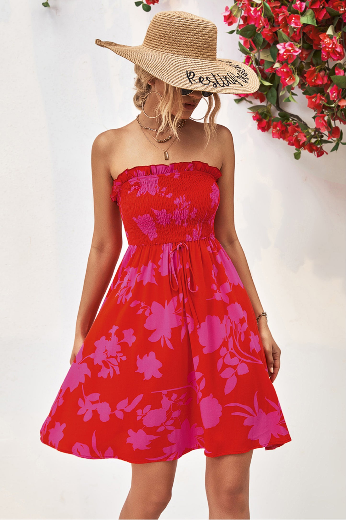 Floral Frill Trim Strapless Smocked Dress In Deep Red